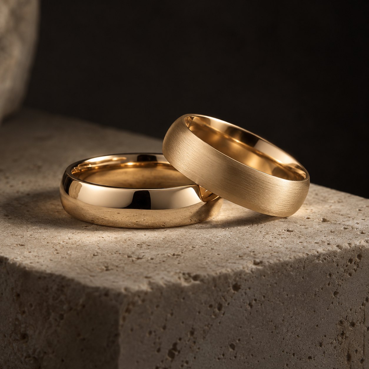Zwei goldene Trauringe auf hellem Stein
